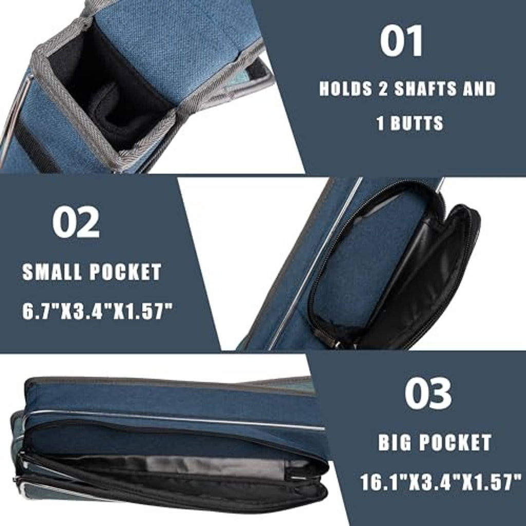 Blue cue holder case showing interior slots and zippered main pocket