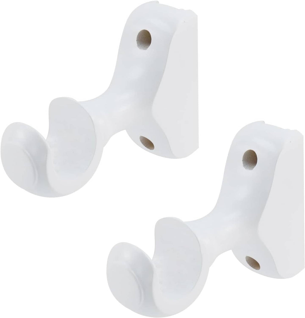 White curtain rod support brackets with hook ends and plate for screw mounting