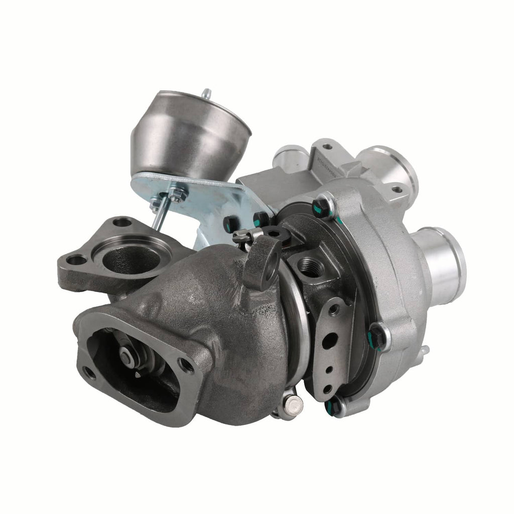 Turbocharger with silver inlet flange and black turbine housing, angled view