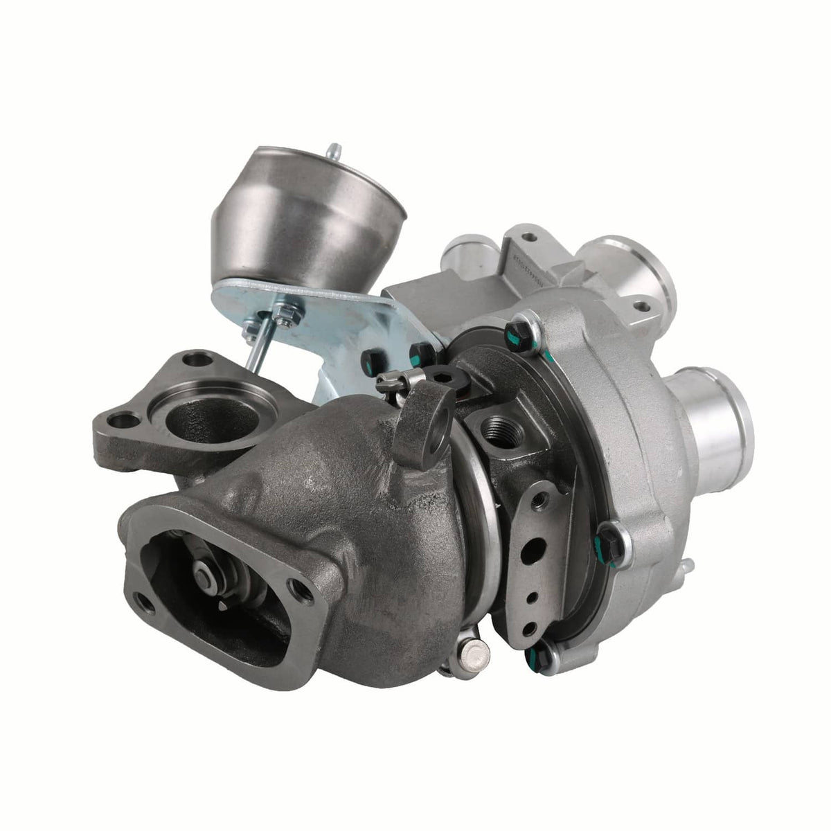 Turbocharger with silver inlet flange and black turbine housing, angled view
