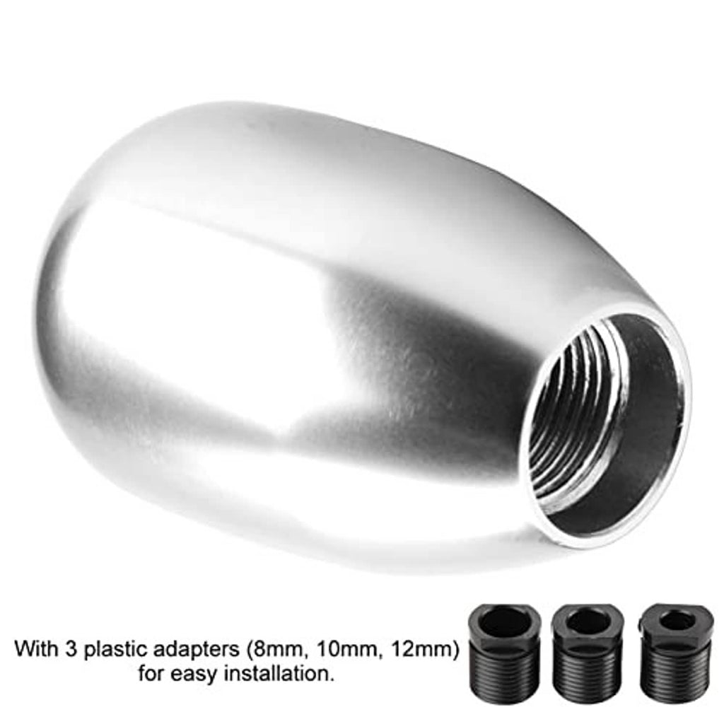 Silver gear shift knob with black threaded end and three black plastic adapters (8–12mm)