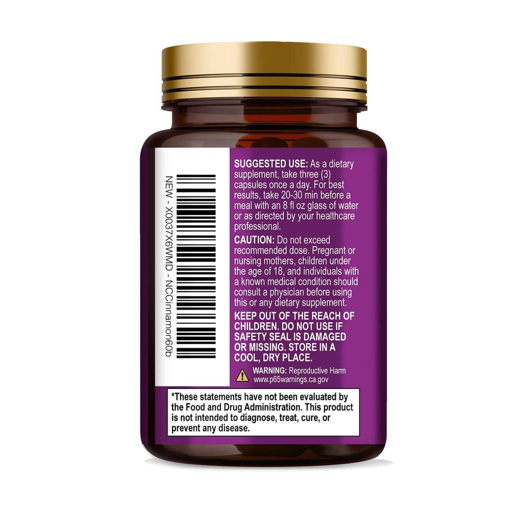 Ceylon cinnamon capsules bottle back with barcode and suggested use directions.