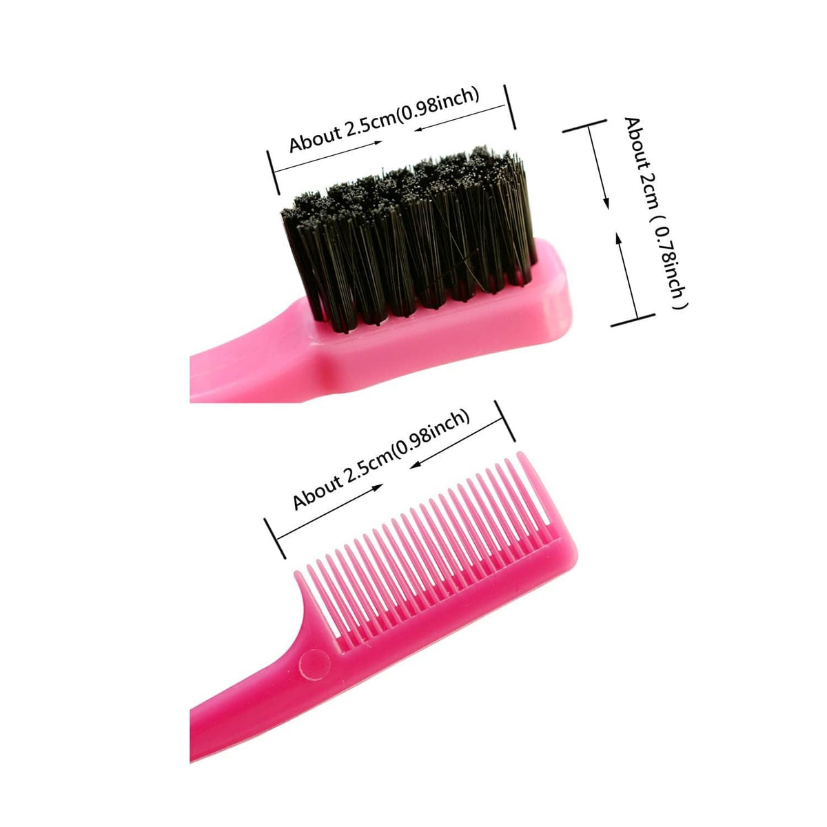 Pink double-sided edge brush with wide bristle pad and fine comb edge