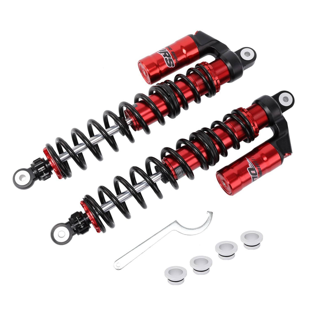 Set of red adjustable rear shocks with black coils, mounting wrench and washers