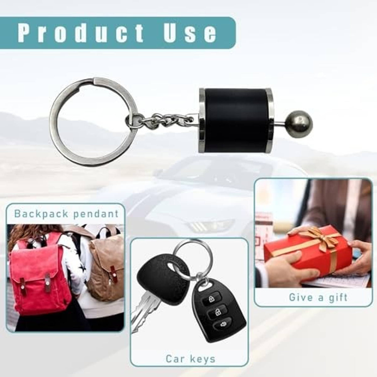 Car gear shifter keychain with black cylinder, silver lever ball, and keyring