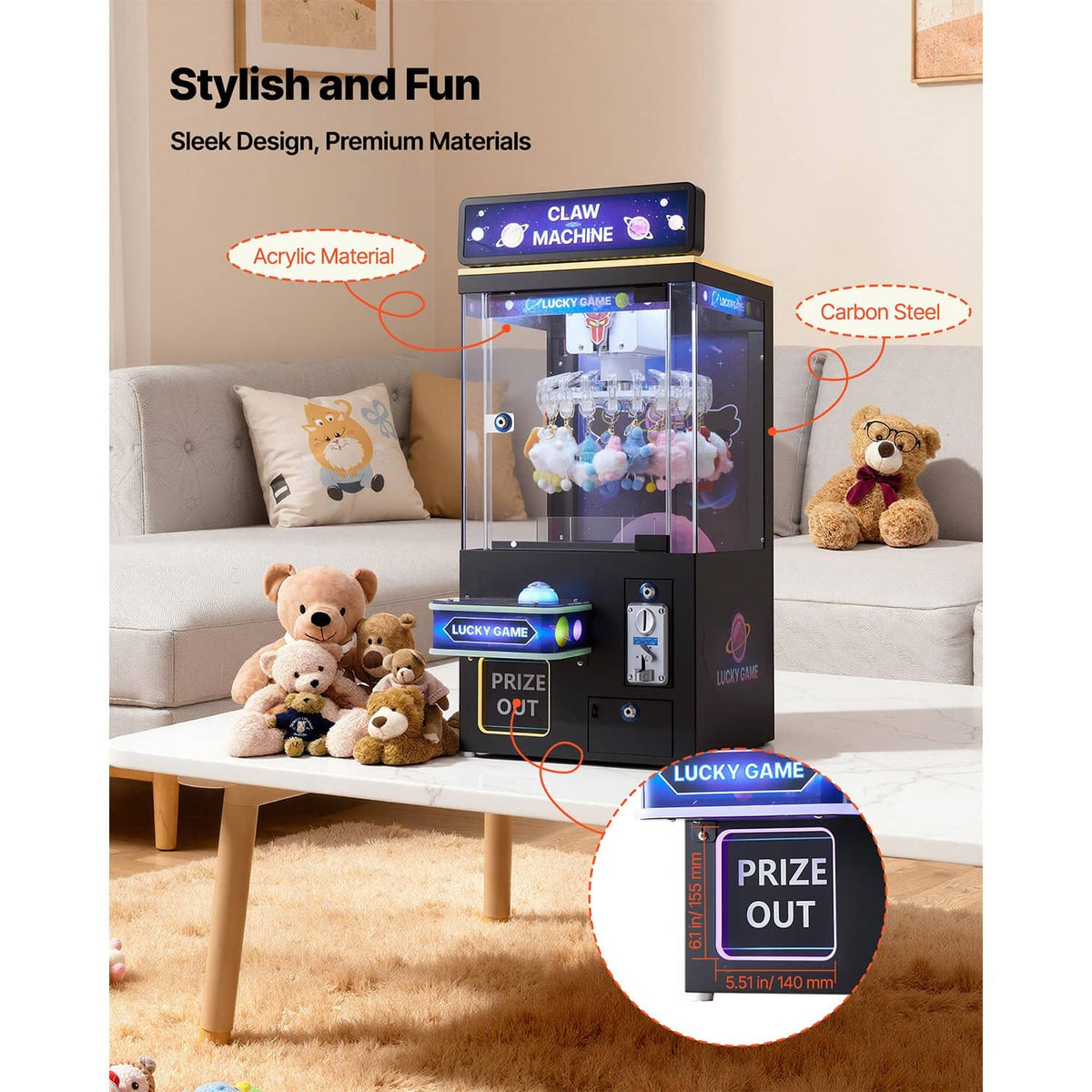 Uimoso claw crane arcade game machine with clear cabinet and prize-out slot