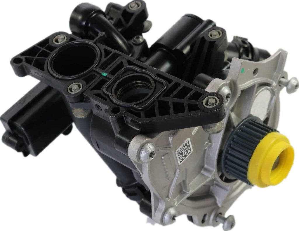 Water pump thermostat housing showing yellow cap and black coolant pipe connectors
