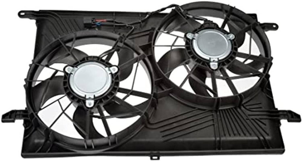 Engine cooling fan assembly with dual fans, round motors, and black grille frame