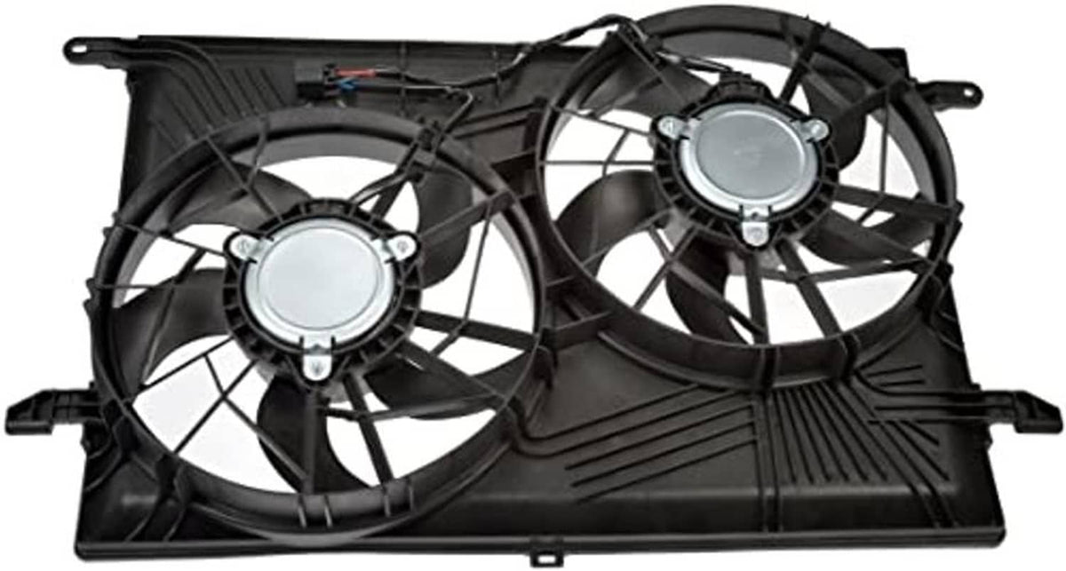 Engine cooling fan assembly with dual fans, round motors, and black grille frame