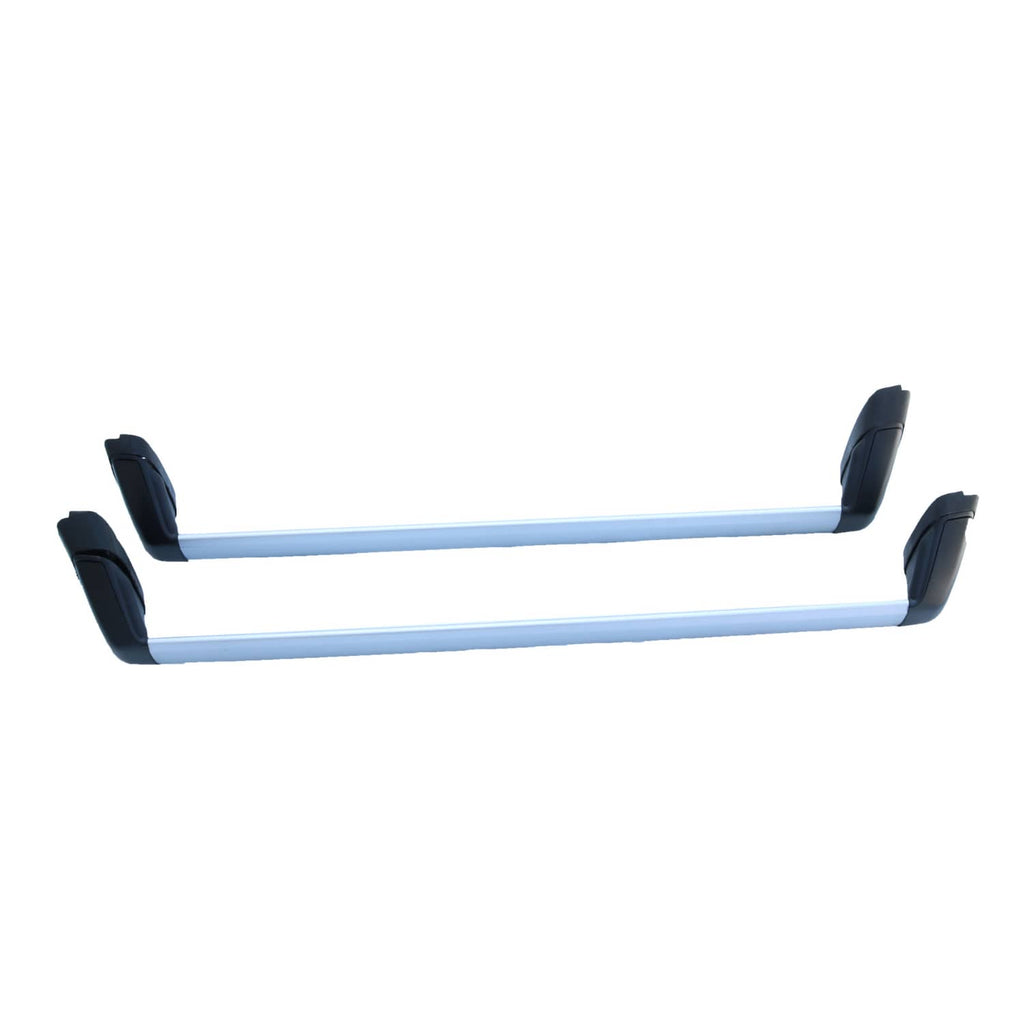Roof rack cross bars kit with two light silver bars and black corner end caps