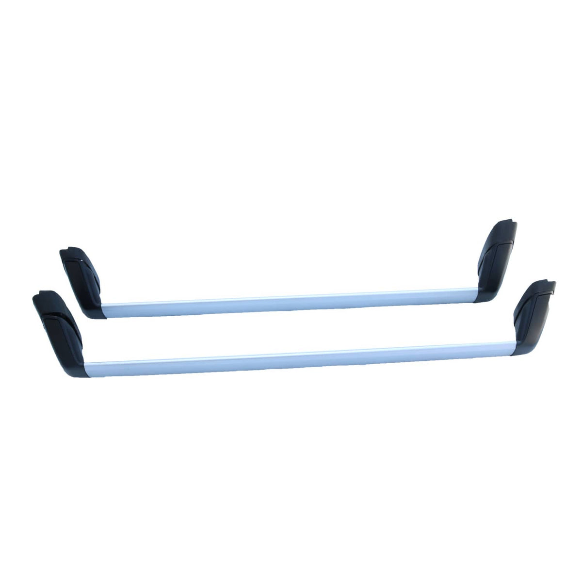 Roof rack cross bars kit with two light silver bars and black corner end caps