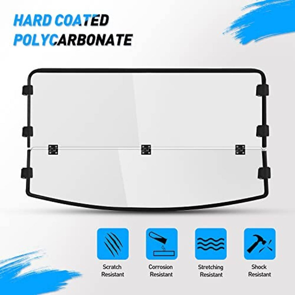 UTV fold-down windshield with clear polycarbonate panel and black mounting arms