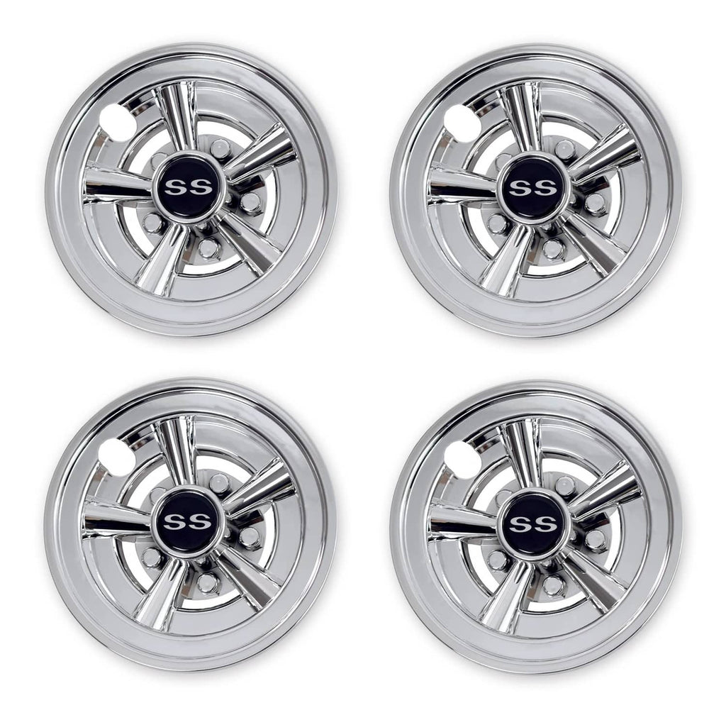 Chrome golf cart hubcap set of 4 with SS center cap and reflective wheel-cover design