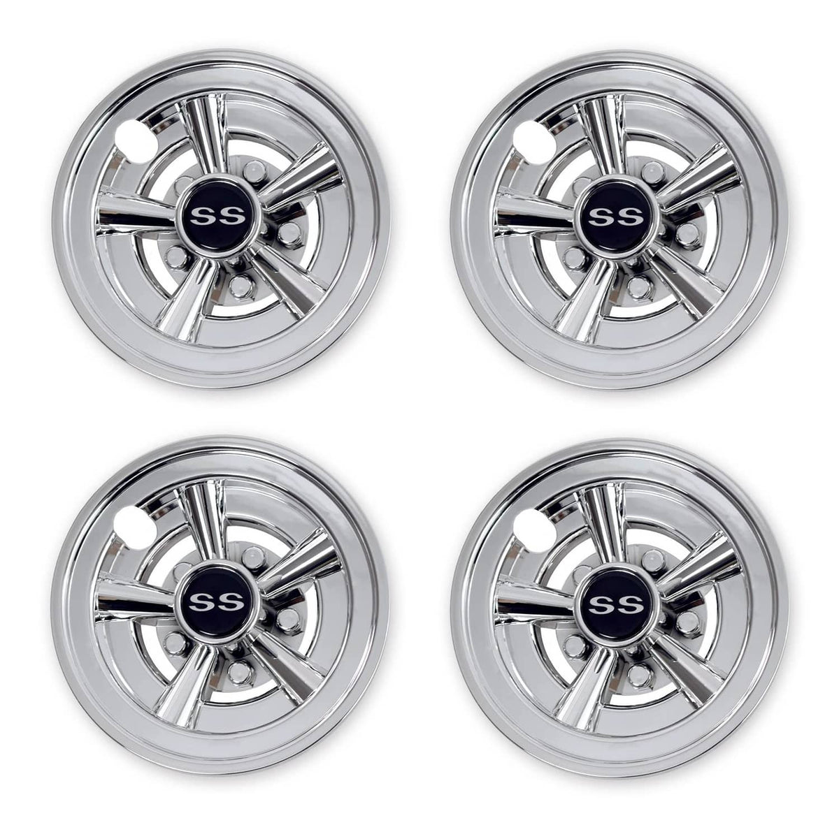 Chrome golf cart hubcap set of 4 with SS center cap and reflective wheel-cover design