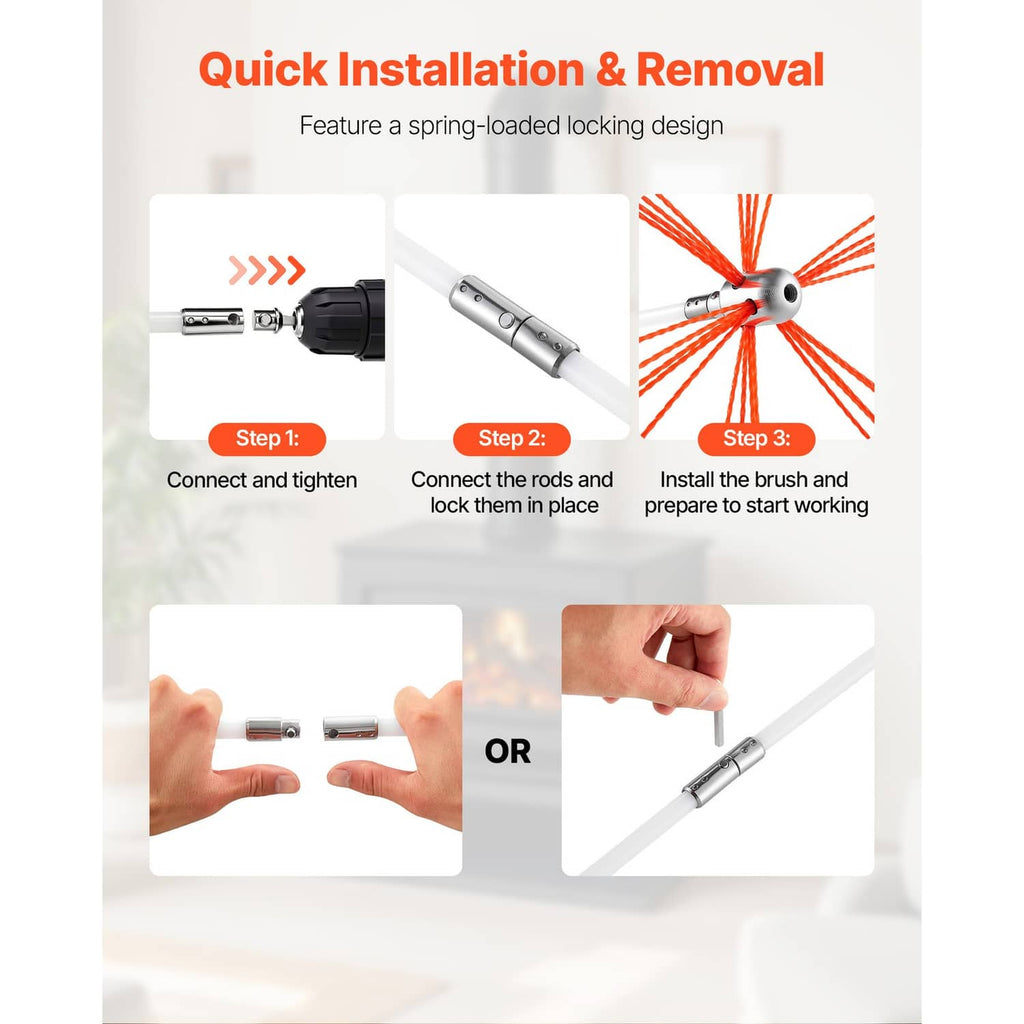 Chimney cleaning kit installation set with connected rods and brush head