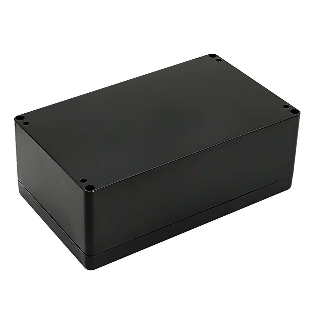 Black ABS weatherproof enclosure box with flat lid and four corner screw holes