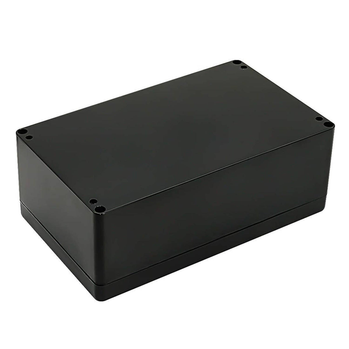 Black ABS weatherproof enclosure box with flat lid and four corner screw holes
