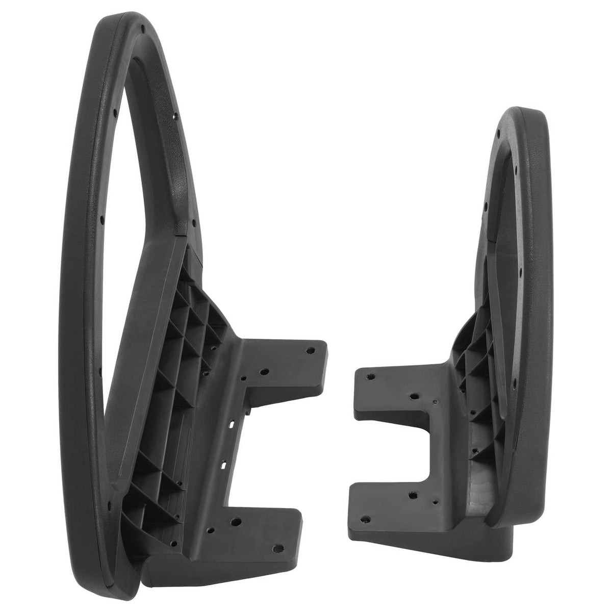 Rear view of black hip restraint handles with mounting bracket plates