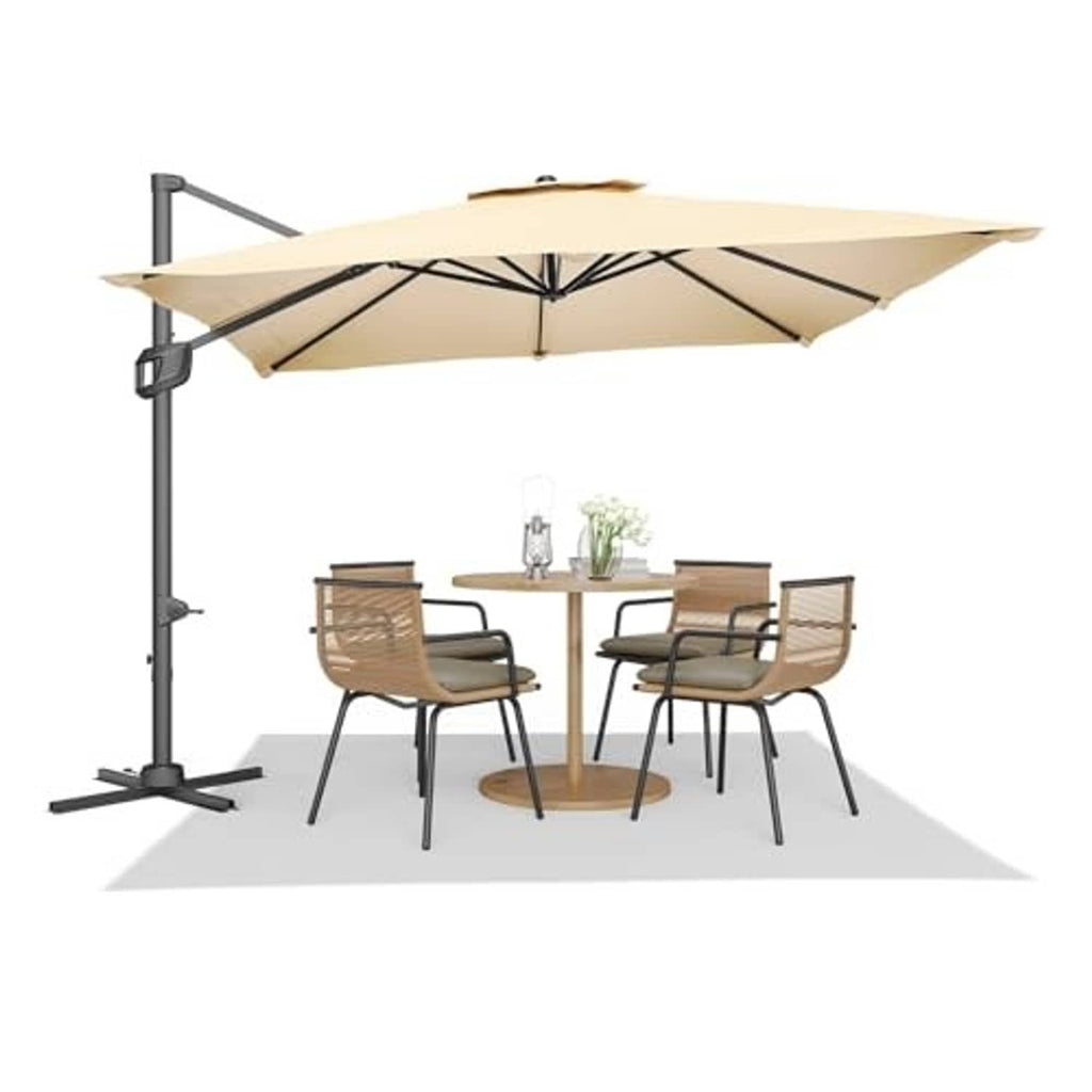 Beige 10x10 ft cantilever patio rectangle umbrella with extended canopy over table