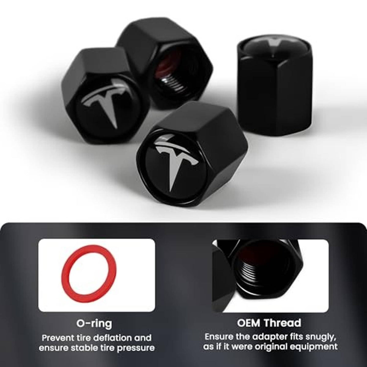 Black tire valve stem caps with Tesla logo, plus red O-ring and threaded adapter