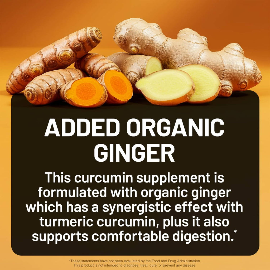 Turmeric curcumin supplement with added organic ginger and formula label panel