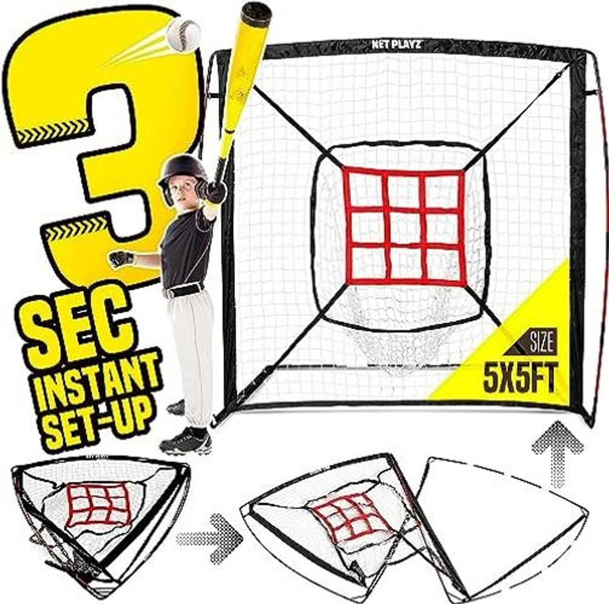 Foldable baseball practice net with white mesh and red strike-zone target grid