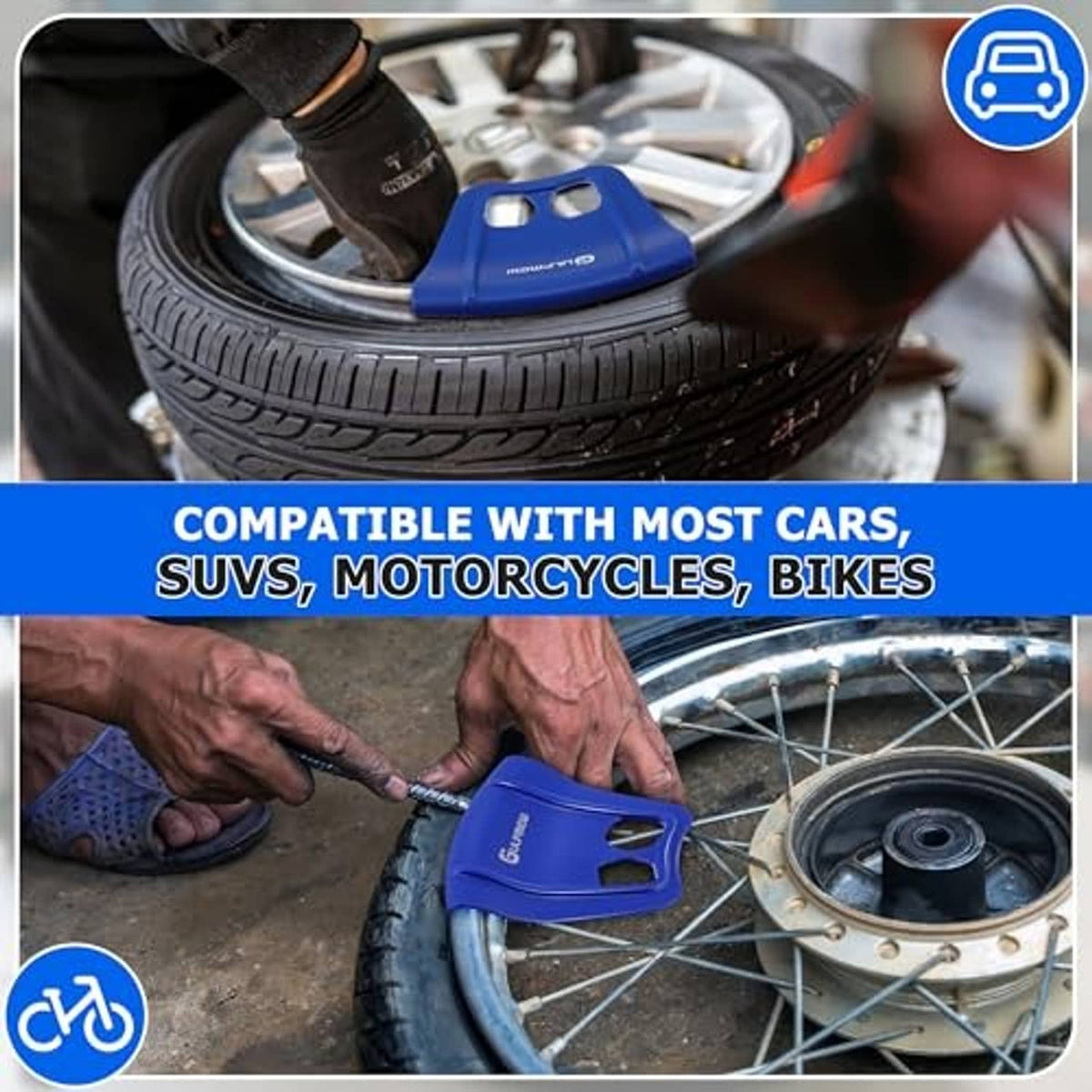 Blue wheel rim protector tool placed on a bike wheel during tire changing
