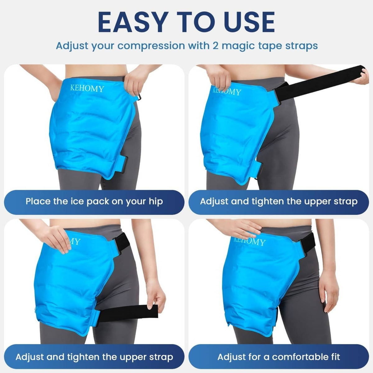 Blue gel hip ice pack wrap with two black magic-tape straps