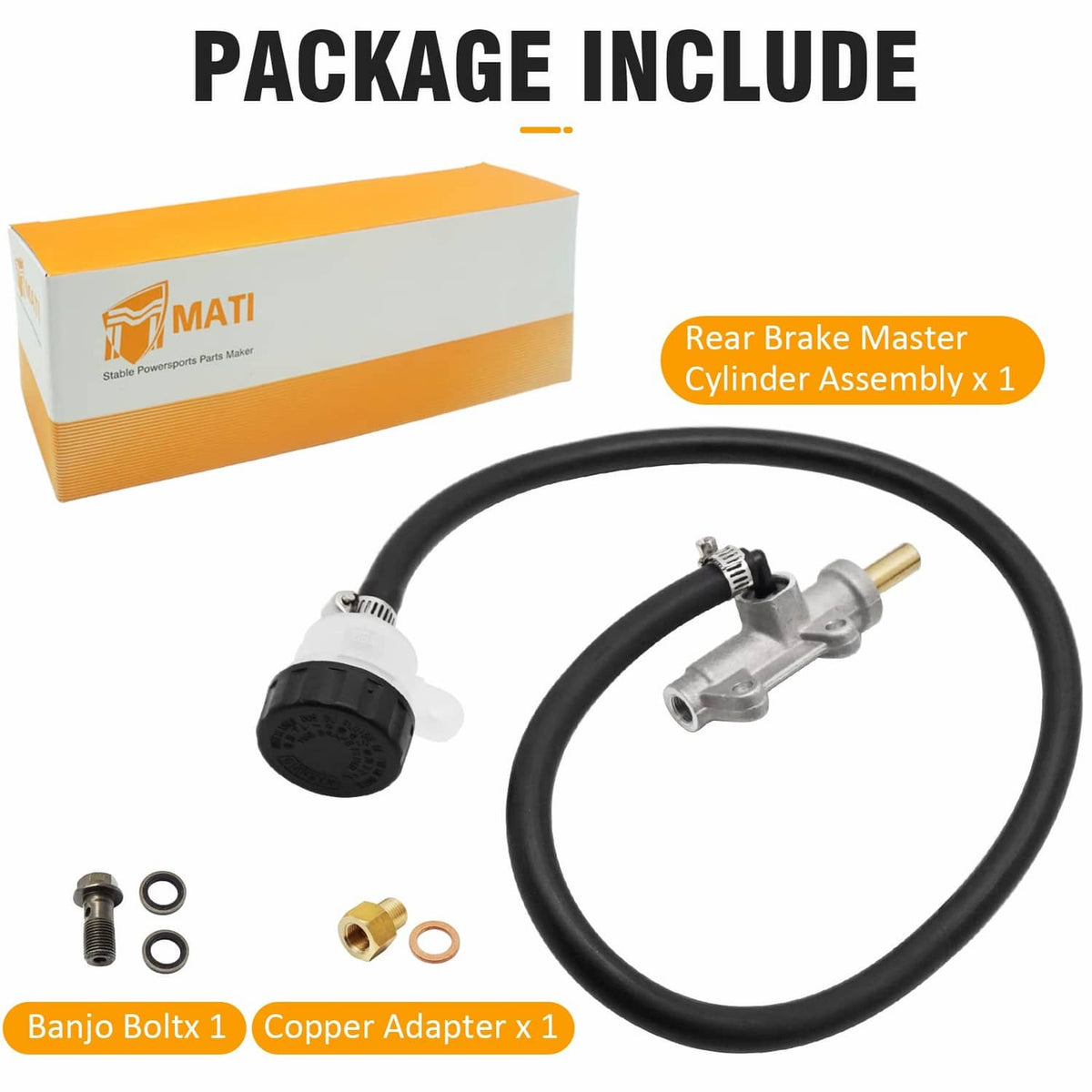 Boxed rear brake master cylinder assembly with hose and adapter hardware