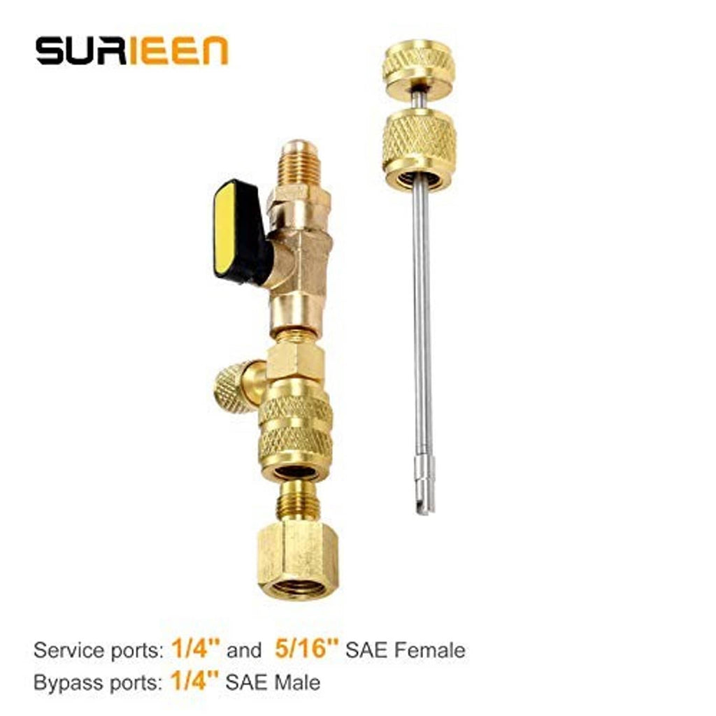 Brass valve core remover installer tool with yellow lever and extended service rod
