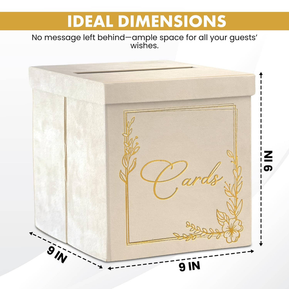 White collapsible card box with gold "Cards" front design and floral corner detailing.
