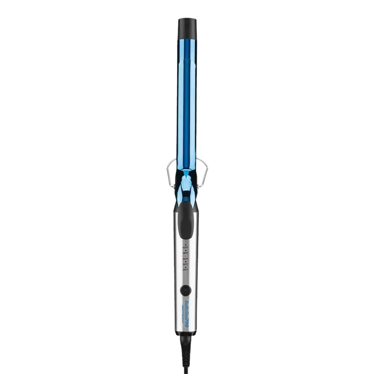 BaBylissPRO 1-inch nano titanium curling iron with blue barrel and black handle
