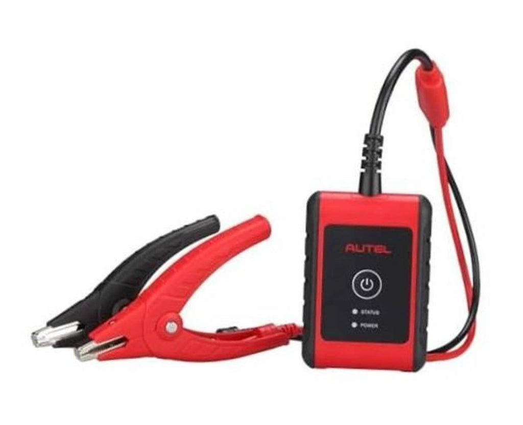Red and black battery analyzer tool with integrated power/status screen and cable leads