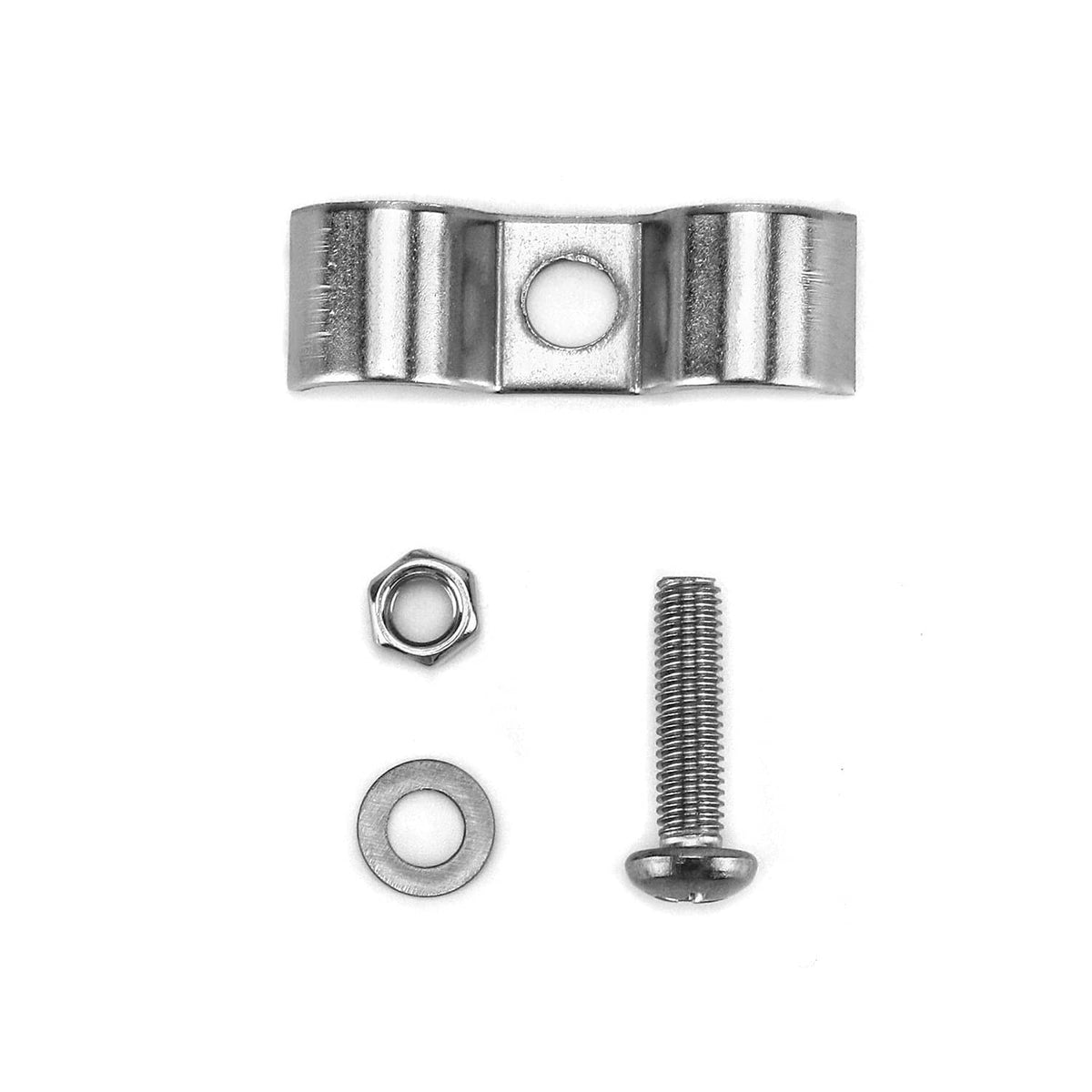 Stainless steel fuel line clip bar with bolt, nut, and washer pieces