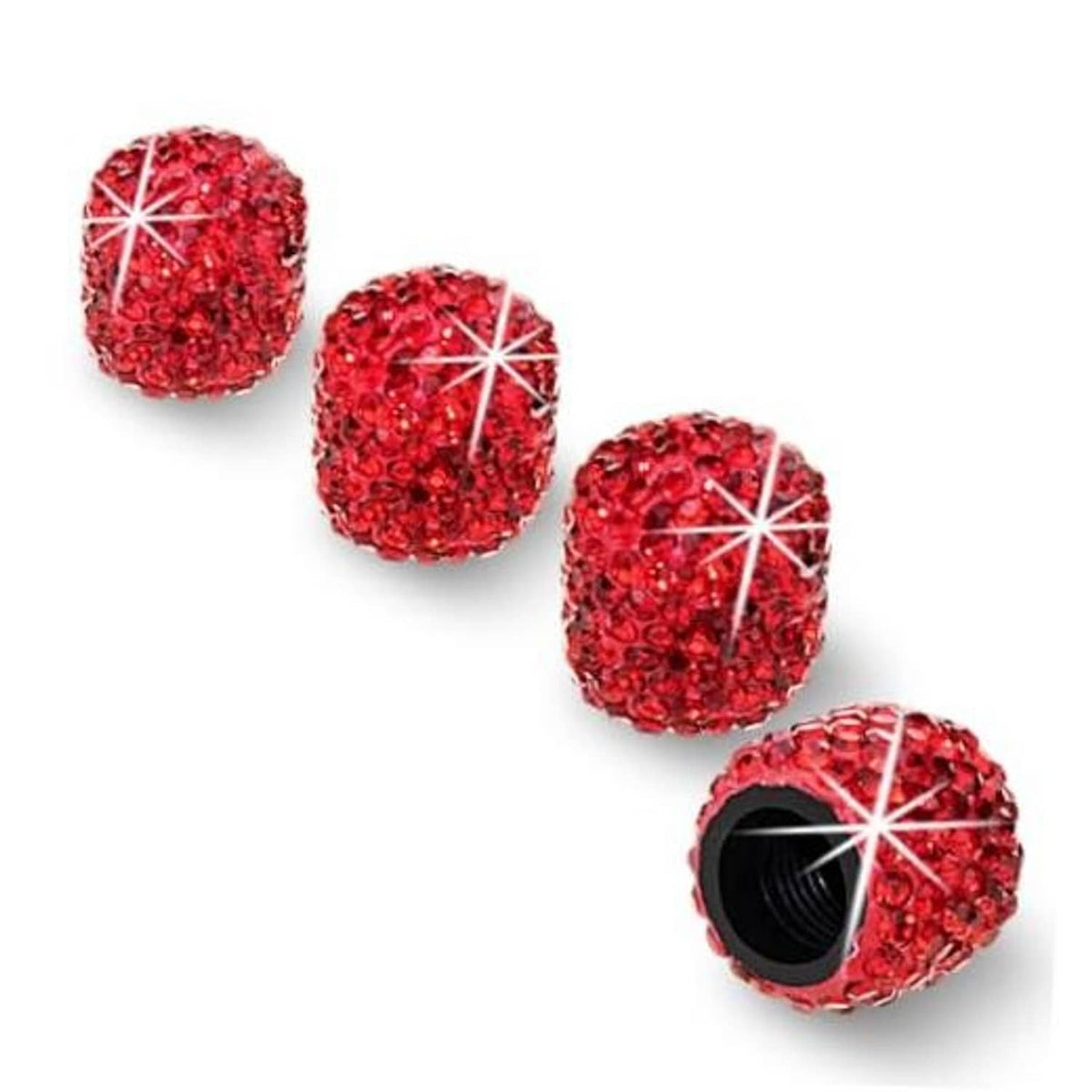 Red rhinestone tire valve stem caps, glittery set of 4 with faceted crystal texture