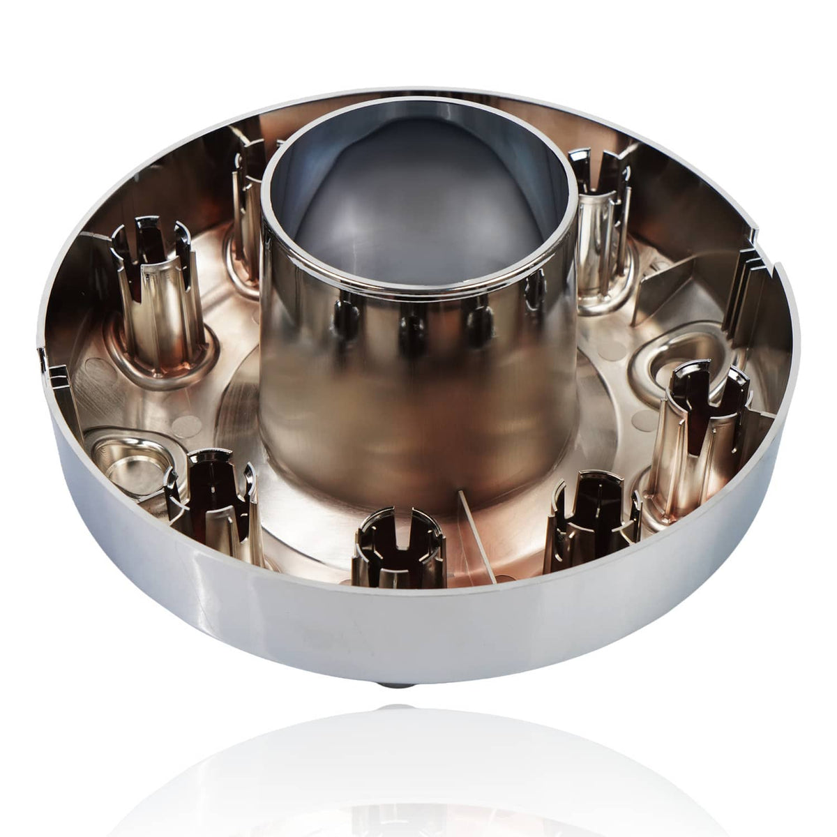 Wheel center hub cap interior view with metal clips and central opening