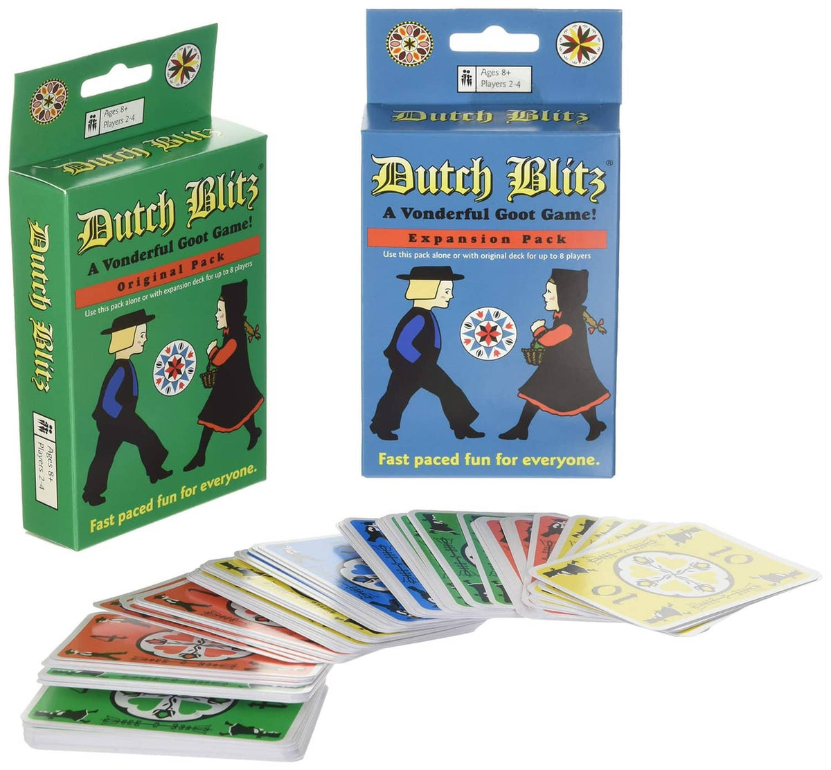 Dutch Blitz card game box and card deck bundle with colorful game cards