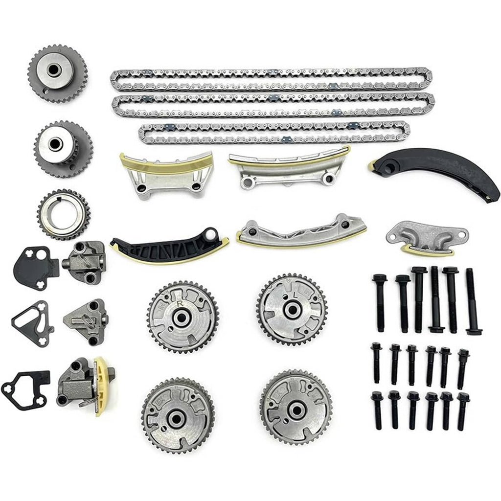 Timing chain kit sprockets, chain assemblies, guides, and bolts