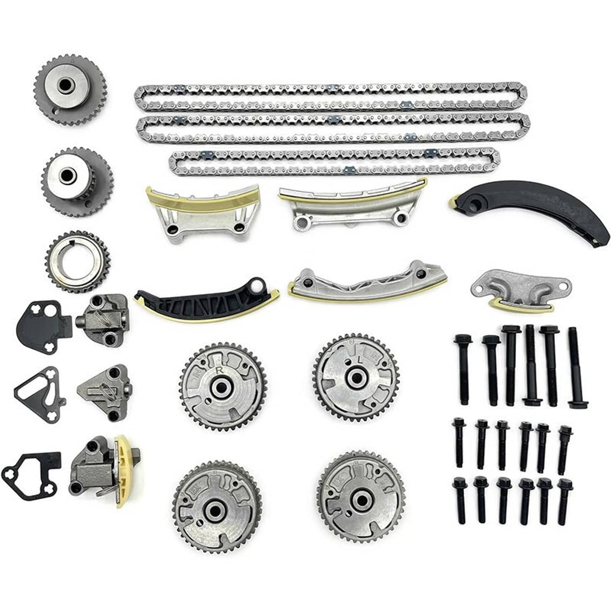 Timing chain kit sprockets, chain assemblies, guides, and bolts
