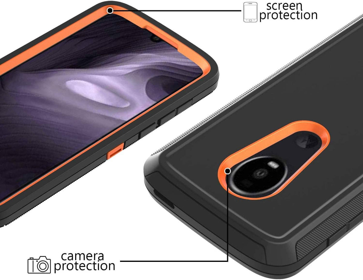 Rugged black phone case with orange bezel and built-in screen protector for phone display