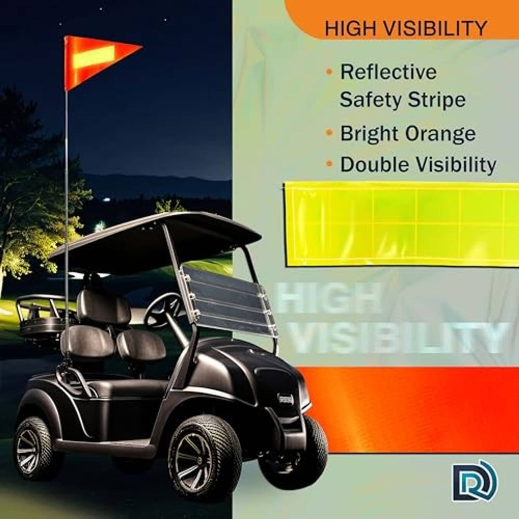 Orange high-visibility safety flag with reflective strip on an attached telescoping pole