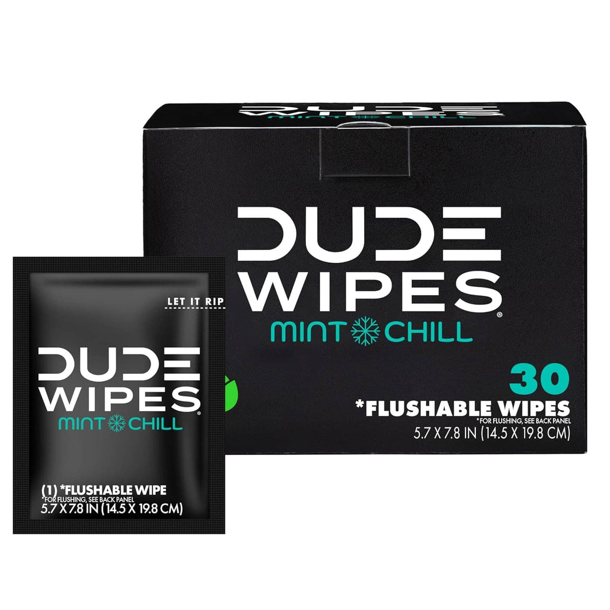 Black Dude Wipes box with individually wrapped Mint Chill flushable wipes, 30 count