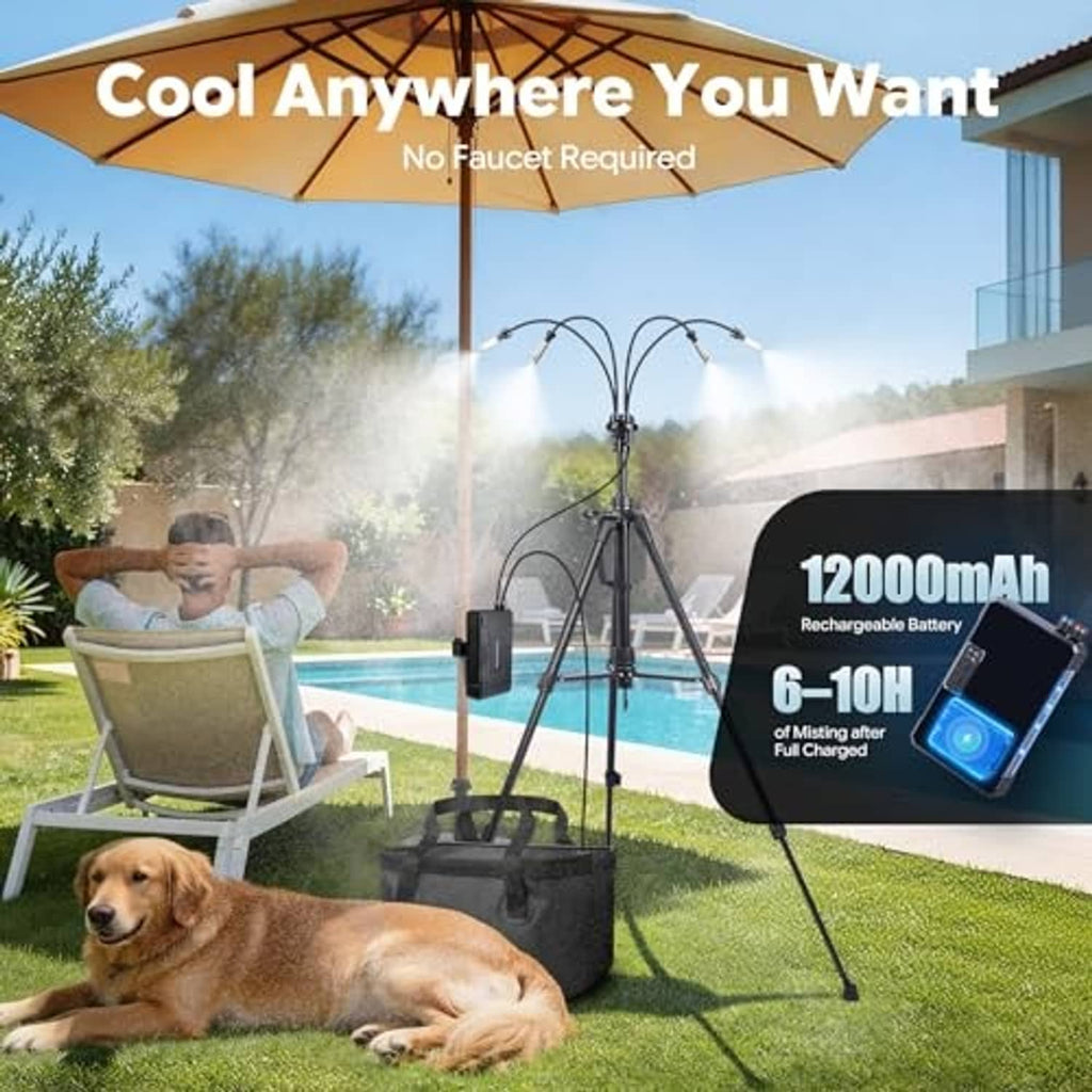 Standing misting tripod spraying mist with portable pump and compact battery pack