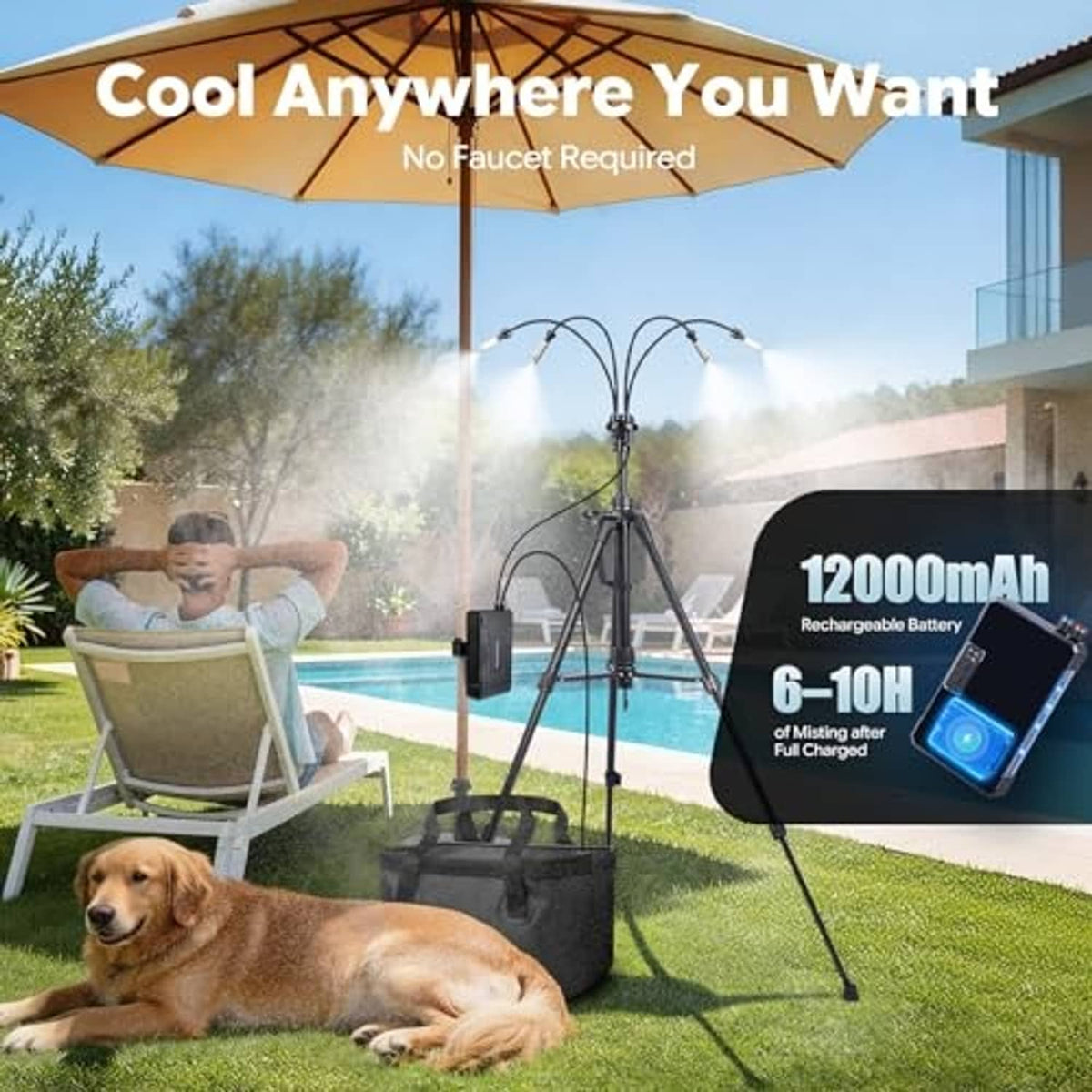Standing misting tripod spraying mist with portable pump and compact battery pack