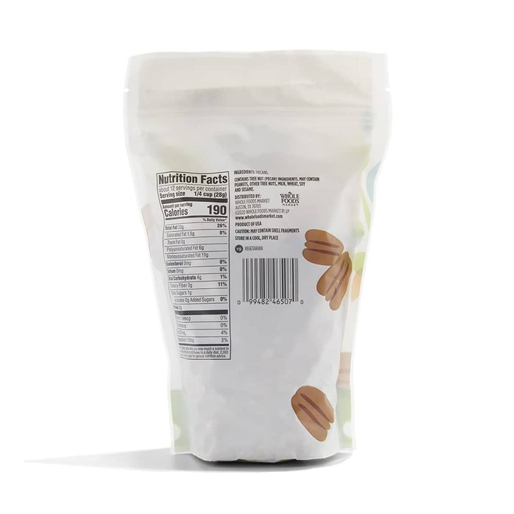 Pecan halves and pieces bag with Nutrition Facts and barcode, 12 oz