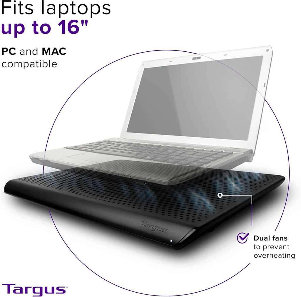 Black laptop cooling mat supporting a laptop, with perforated airflow surface.