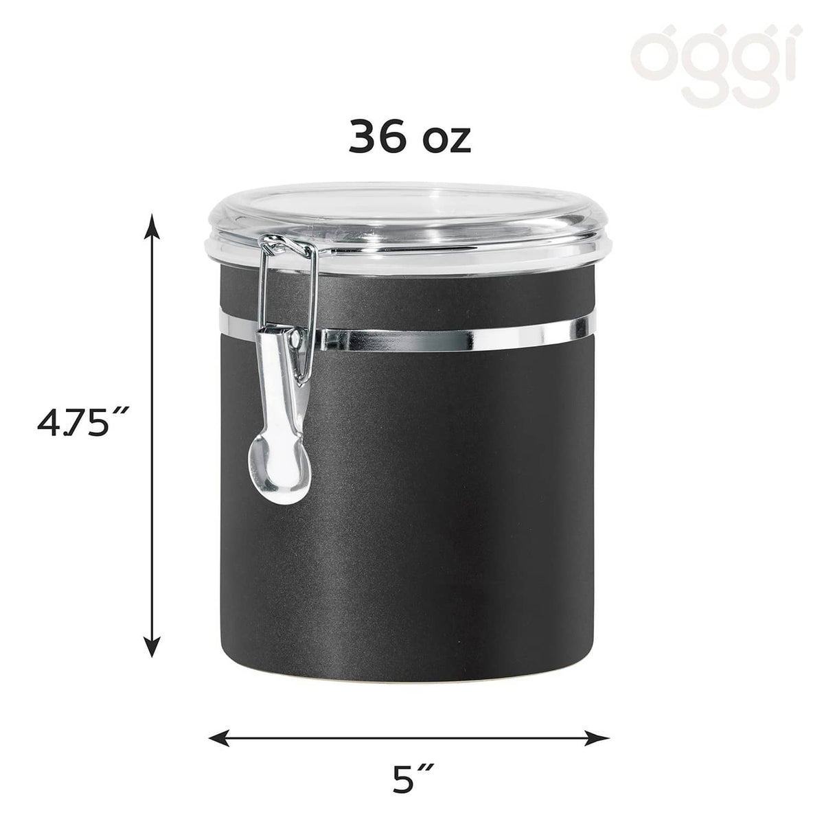 Black stainless steel food storage container with clear clamp-on lid