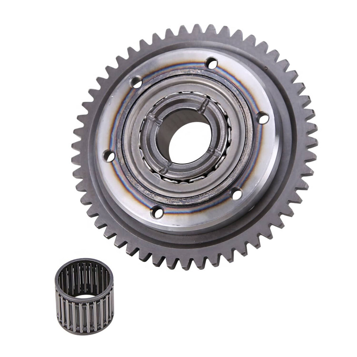 Starter clutch gear with one-way bearing assembly and separate needle bearing