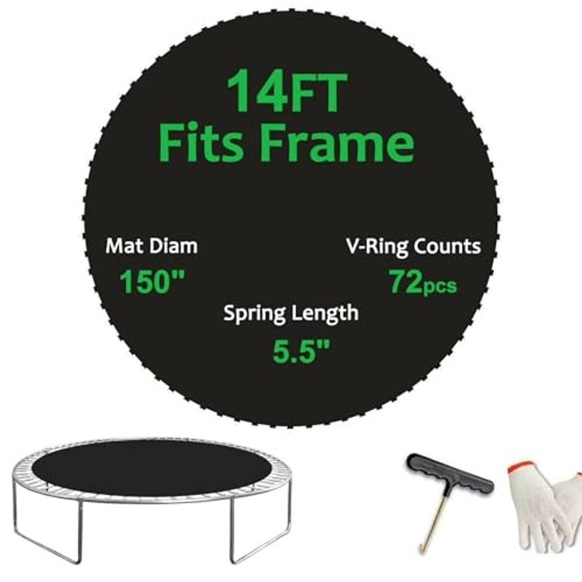 14FT trampoline replacement mat, 150in dia, 72 V-rings, 5.5in spring length