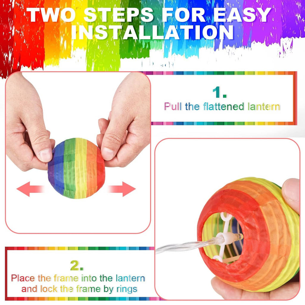 Rainbow nylon lantern with installation frame, hands showing easy setup